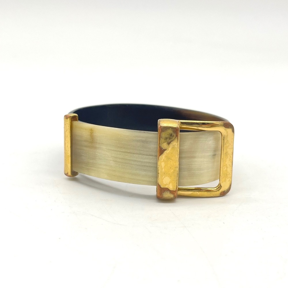 Natural Horn Buckle Cuff Bracelet Gold Tone Hardware Two Tone Cream Black